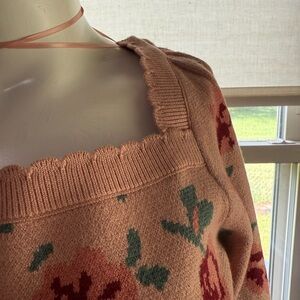 Floral Knit Sweater - Tan and Green
